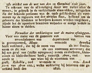 Formulier der verklaringen, gepubliceerd in Journal du Département des Bouches du Rhin van 29 oktober 1811. Bron: Delpher
