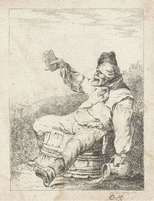 Dronken man zittend op een vat, Sophia Wilhelmina Evans, 1782