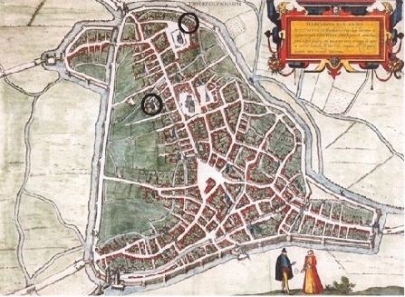 Plaatsen waar het broederklooster Porta Coeli (bovenste cirkel) en het klooster van de zusters van Orthen (cirkel daaronder) ooit stonden. Op deze kaart uit circa 1588 is links ongeveer het Noorden. 34 (bron: http://www.bossche-encyclopedie.nl/cartografie/plattegronden.htm)