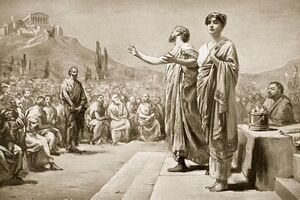 De courtisane Aspasia werd aangeklaagd wegens goddeloosheid, maar vrijgesproken toen haar minnaar, de staatsman Perikles, haar verdedigde.