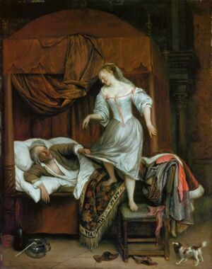 Paar in slaapvertrek, Jan steen (ca. 1665-1675)
