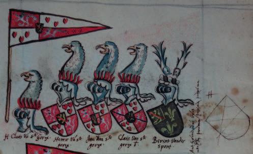 Afb. 5: Rotte van Klaas van Sint-Goricx in het wapenboek Udekem met het doorgehaalde wapenschild van Antoine du Bois. RAG, AUA 4498, fol. 7r. © Gent, Rijksarchief.