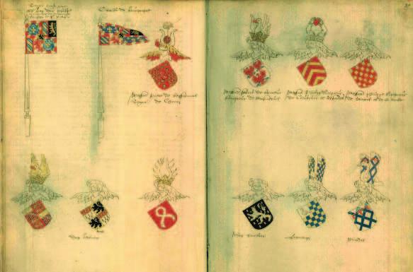 Afb. 1: Rotte van hertog Filips de Goede in het Wapenboek Becberghe. Zijn wapenschild staat afgebeeld op zowel het banier als het vaandel en wijst op het leiderschap van de hertog. De rotte bestaat verder uit tien leden. ASB, HA 3357 fol. 77v-78r. © Stadsarchief van Brussel.