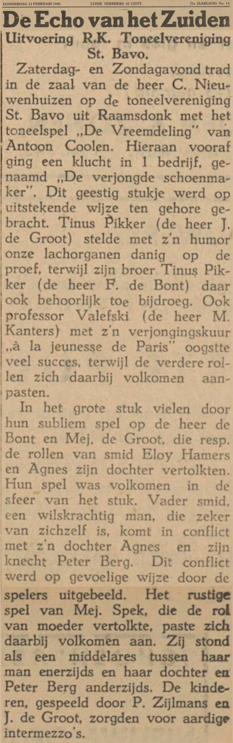 Uitvoering "De vreemdeling" door toneelvereninging St. Bavo te RaUitvoering "De vreemdeling" door toneelvereninging St. Bavo te Raamsdonk - Echo van het Zuiden van 12 februari 1948amsdonk