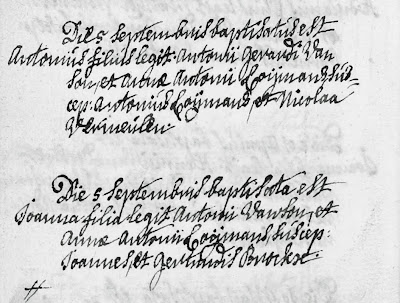 Illustratie 5: doopinschrijving van de tweeling Antonis en Joanna op 5 september 1729
