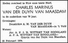Overlijdensadvertentie Charles Marinus van der Duyn van Maasdam 1874-1954