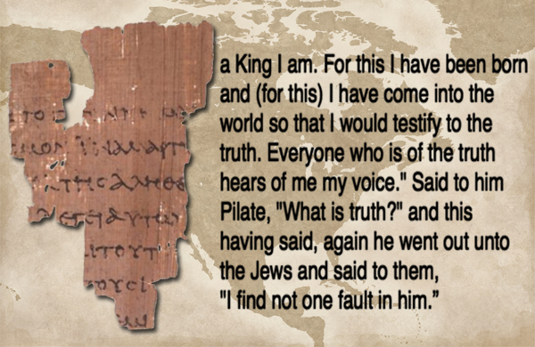 Papyrus 52: het oudste tekstfragment van het Nieuwe Testament, uit de tweede eeuw n.Chr. Deze papyrus bevat enkele fragmenten van Het evangelie volgens Johannes.