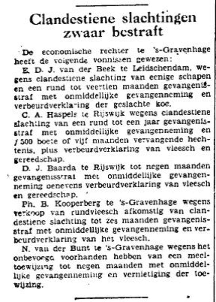 Krantenbericht bestraffing clandestiene slachters. Kamp Erika Ommen © Archief John Kooperberg
