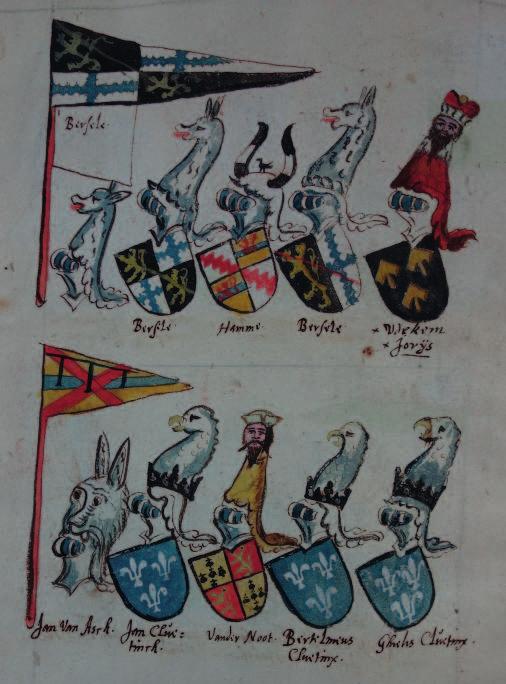 Afb. 4: Het mogelijke later toegevoegde wapenschild van Joris van Udekem in het Wapenboek Udekem. RAG, AUA 4498, fol. 10v. © Gent, Rijksarchief.