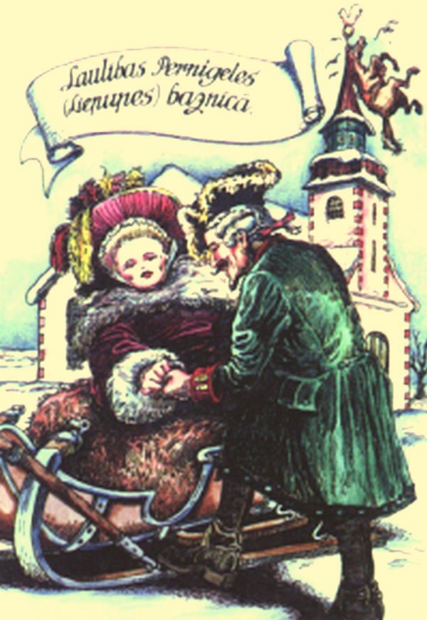 Postkartenmotiv zu Münchhausens Hochzeit in Pernigel (Liepupe)