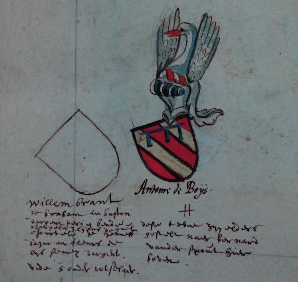 Afb. 6: Het lege wapenschild van Willem Brant naast dat van Antoine du Bois in de rotte van Jan de Mol in het Wapenboek Udekem. RAG, AUA 4498, fol. 6v. © Gent, Rijksarchief.