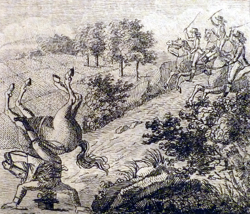 Münchhausen schlägt Purzelbäume mit seinem Pferd. Kupferstich aus Lustiges Post- und Reise-Vademecum, 1795