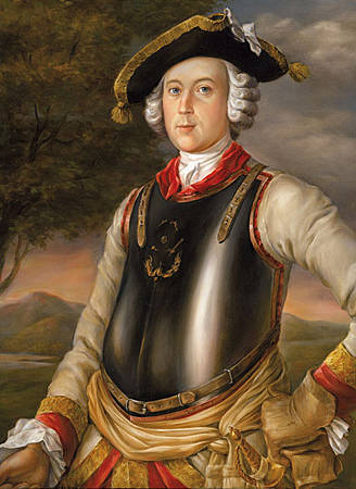 Reproductie van een hedendaags portret van Baron von Münchhausen in het uniform van zijn kurassiersregiment in Riga, Letland. Plaats: Münchhausen Museum Bodenwerder