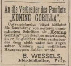 Paardenhandelaar wil niet dat het pamflet onder de ogen van kinderen komt (Kleine Courant 23 februari 1887)
