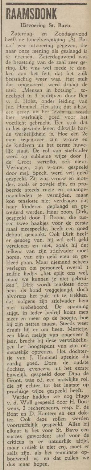 Raamsdonk 21 februari 1949 - Echo van het Zuiden - Uitvoering toneelclub St. Bavo Raamsdonk "Mensen in botsing"