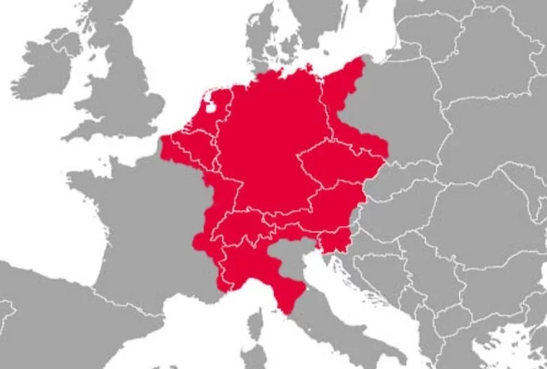Hoogtepunt van het Heilige Roomse Rijk rond 1550, op een kaart van het huidige Europa (wiki)