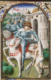Sint Maarten van Tours deelt zijn mantel aan een bedelaar. Miniatuur uit een Getijdenboek, Parijs, meester van Jean Rolin, circa 1455. (Koninklijke Bibliotheek Den Haag)