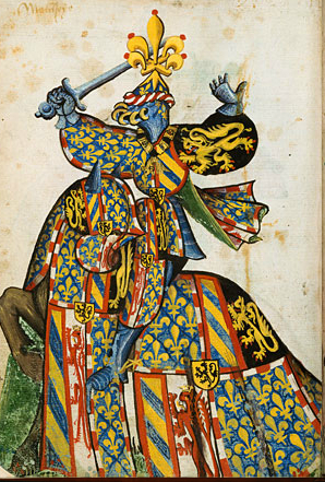 Filips de Goede als toernooiridder. Afbeelding uit Le Grand Armorial de la Toison d’Or. BnF, Bibliothèque de l’Arsenal, Ms. 4790.