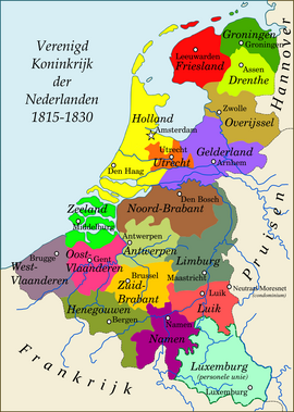 De provincie Zuid-Brabant (okergeel) in het Verenigd Koninkrijk der Nederlanden, 1815-1830