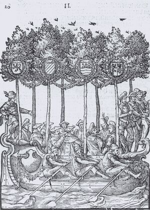 Bij de triomfantelijke intocht van Willem van Oranje in Brussel (1577) blazen stadsspeellieden het Wilhelmus op cornetten en schalmeien. Houtsnede uit Houwaert 1579. Foto: KB, Den Haag.