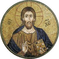 Icoon van Jezus als Pantocrator, mozaïek uit het Hosios Loukas klooster in Boeotië, Griekenland. Vroege 11de eeuw