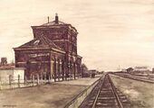 station Geertruidenberg - stationsgebouw (1963) - Hoog middendeel (met gekanteelde borstwering) en twee lage vleugels Aquarel Charles Kemper