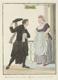 Aanspreker bij een dame aan de deur van een proeflokaal, 19e eeuwse prent