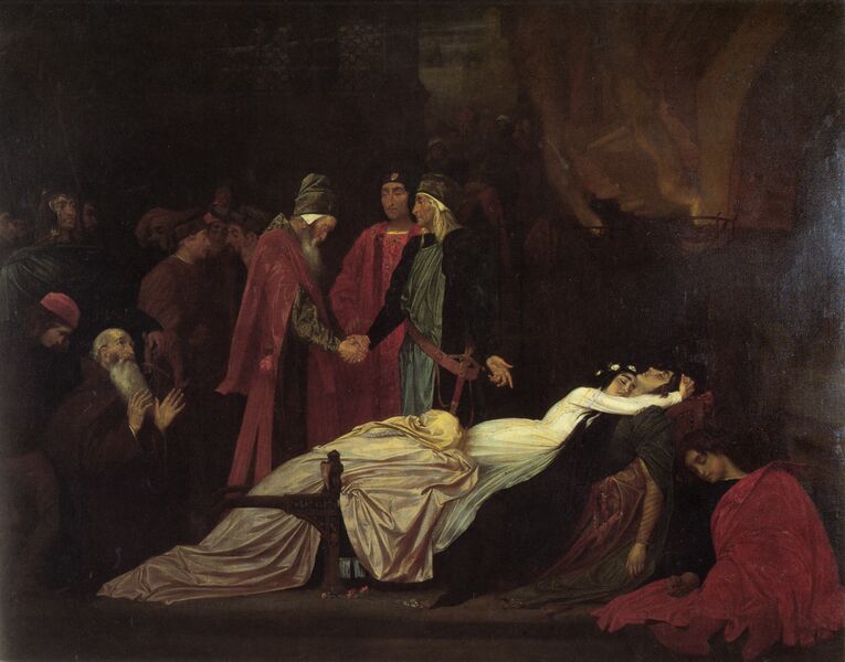 Bestand:Frederick Leighton - The Reconciliation of the Montagues and Capulets over the Dead Bodies of Romeo and Juliet.jpg
