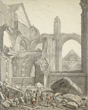 Het ingestorte middenschip van de Utrechtse Domkerk door Herman Saftleven getekend.