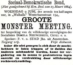 Advertentie voor een ‘monster meeting’ van de Sociaal-Democratische Bond, ‘niet goedgekeurd bij Kon. Besluit van 23 Maart 1884′