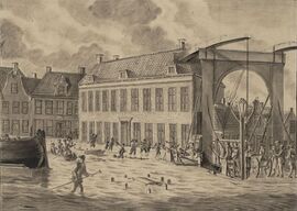 De overstroming van 1825 in Lemmer, met op de achtergrond het logement Wildeman