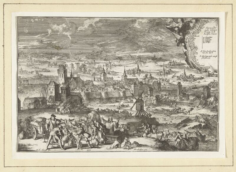 Prent van de Sint-Elisabethsvloed in 1421, door Romeyn de Hooghe, naar Arnold Houbraken. Uit: Matthys Balen, Beschryvinge der stad Dordrecht. Dordrecht, Simon onder de Linde, 1677.