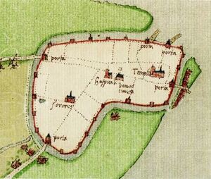 Geertruidenberg omstreeks 1547 naar de kaart van Jacob van Deventer. In de knik van de stadsmuur is buiten de muur het kasteel weergegeven.