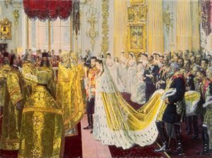 Wedding of Nicholas II and Alexandra Feodorovna by Laurits Tuxen (1895, Hermitage).jpg