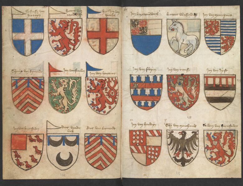 Bestand:Wapenboek Beyeren (armorial) - KB79K21 - folios 017v (left) and 058r (right).jpg