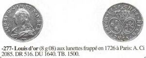 Munt/ knopgewicht Louis Dor, Frankrijk ca 1800. 15,98 mm, 15,98 mm, 4,57 mm dik, 7,80 gram Coinwate: "Je gewichtje is voor 3 Franse munten: Louis d'or aux 8 L et soleil = Zon pistool 1709-1715; Louis d'or aux insignes 1716; Louis d'or aux lunettes (=met de bril) 1726-1784. Ze waren alle 30 stuks in het Paris marc van 244.7529 grams. Of 8,158 g." Waar staat I A 5 voor? coinwate: "1 AS bedoeld dat de maker van het gewicht 1 as afgetrokken had voor gepermitteerde tolerantie voor dit gewicht. 1 as in het duitse system is = 0.058 g of 233.812g : 4020 = 0.058g. Mark van Keulen." dus hier 5 maal 0.058 = 0.29 gram Het gewicht is Made in Germany circa 1800.