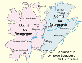 Vrijgraafschap Bourgondië (blauw) in de 14e eeuw.