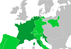 Het Franse Keizerrijk (donkergroen) en vazalstaten (lichtgroen) in 1811