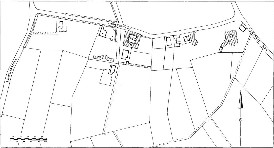 De slotjes aan de Ridderstraat van west naar oost genummerd: 1. Slotje Borsele, 2. Slotje Beveren, 3. Slotje Limburg, 4. Slotje Brakestein, 5. Slotje Spijtenburg