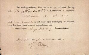 Overlijdensverklaring uit 1870 te Raamsdonk - Doodsbriefje uit 1870 met vermelding van de primaire doodsoorzaak.
