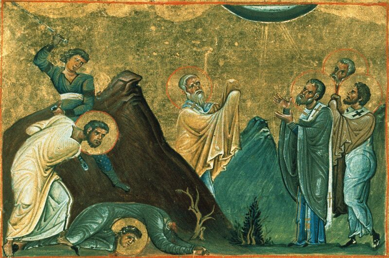 Bestand:Erastus, Olympus, Rhodion, Sosipater, Quartus and Tertius (Menologion of Basil II).jpg