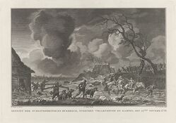 Rechts de dijkdoorbraak tussen Vollenhove en Kampen op 21 november 1776. Een familie brengt zichzelf op paard en wagen in veiligheid. Op de voorgrond wordt vee op het droge gebracht. Op de dijk staan mensen klaar om het gat te dichten.