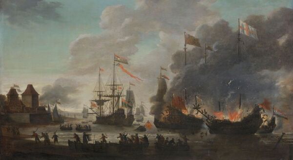 Schepen van de Engelsen worden in brand gestoken tijdens de Tocht naar Chatham (20 juni 1667), onderdeel van de Tweede Engelse Zeeoorlog (1665-1667)Jan van Leyden. Collectie Rijksmuseum Amsterdam, objectnummer SK-A-1386.