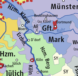 ■ Graafschap Meurs (Moers) in 1648 ■ Opper-Gelre