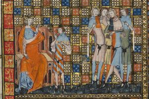 Vorstin met jonge zoon en raadsleden (ca. 1340). Romance of Alexander, fol. 196v.