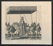 De hertog van Anjou te paard onder een baldakijn tijdens de Blijde Intrede van 1582 (Prentenkabinet Universiteit Antwerpen)