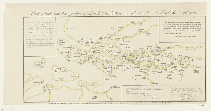 Oude kaart van Zuid-Hollandsche Waard vóór de Sint Elisabethsvloed van 1421, anoniem, 1800 - 1899