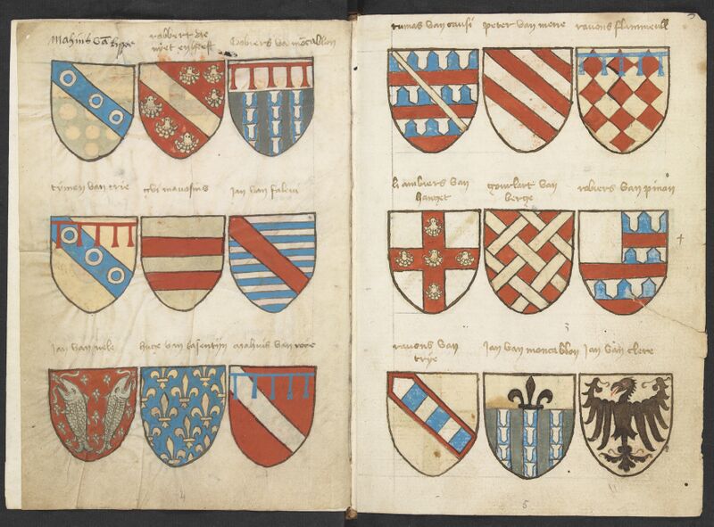 Bestand:Wapenboek Beyeren (armorial) - KB79K21 - folios 002v (left) and 003r (right).jpg