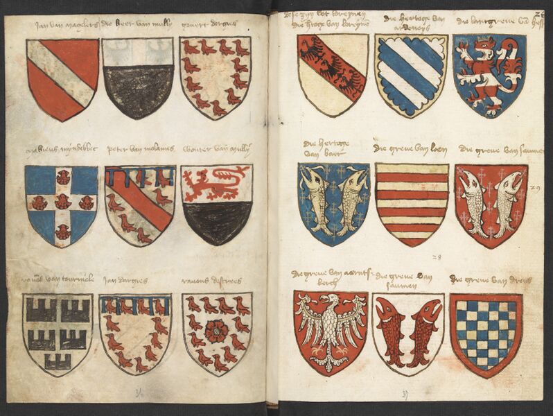 Bestand:Wapenboek Beyeren (armorial) - KB79K21 - folios 027v (left) and 028r (right).jpg