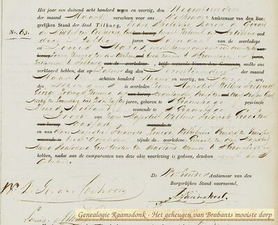 Overlijdensakte nr. 63 te Tilburg van koning Willem II, 17 maart 1849. (Coll. Regionaal Archief Tilburg)